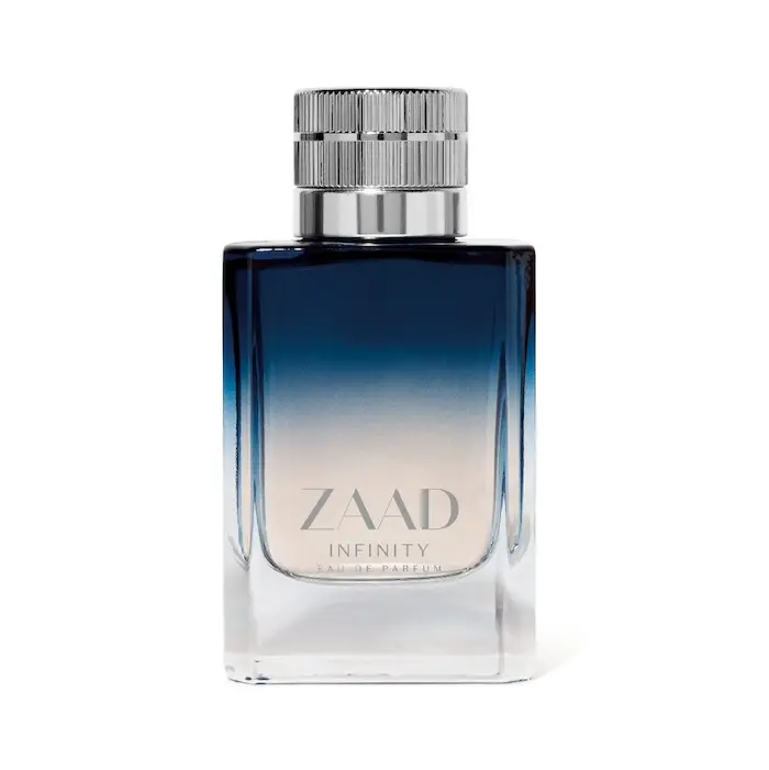 Frasco do Zaad Infinity em fundo branco com gradiente azul e tampa prateada