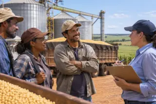 Quatro trabalhadores rurais conversam em frente a silos metálicos e um caminhão; uma mulher segura uma prancheta enquanto há grãos amarelos em primeiro plano.