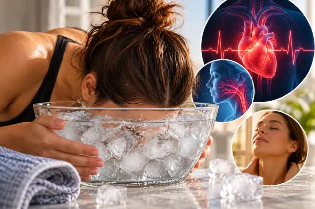 Mulher com o rosto imerso em tigela de vidro cheia de cubos de gelo; círculos mostram ilustração de coração, ilustração do pescoço e foto de pessoa relaxando
