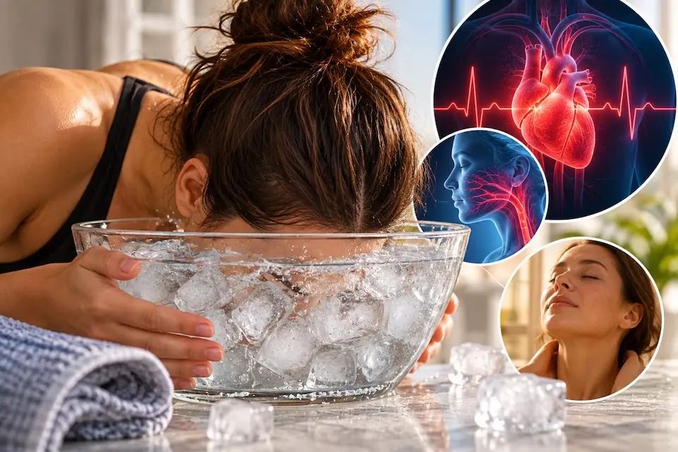 Mulher com o rosto imerso em tigela de vidro cheia de cubos de gelo; círculos mostram ilustração de coração, ilustração do pescoço e foto de pessoa relaxando