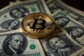 Moeda metálica com símbolo do Bitcoin sobre várias notas de dólar americano