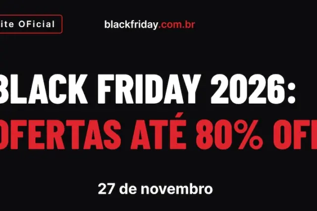 banner preto com texto BLACK FRIDAY 2026: OFERTAS ATÉ 80% OFF em branco e vermelho e a data 27 de novembro