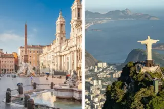 composição dividida: à esquerda praça com fonte, obelisco e prédios históricos; à direita vista aérea do Cristo Redentor sobre morro com a cidade e a orla ao fundo