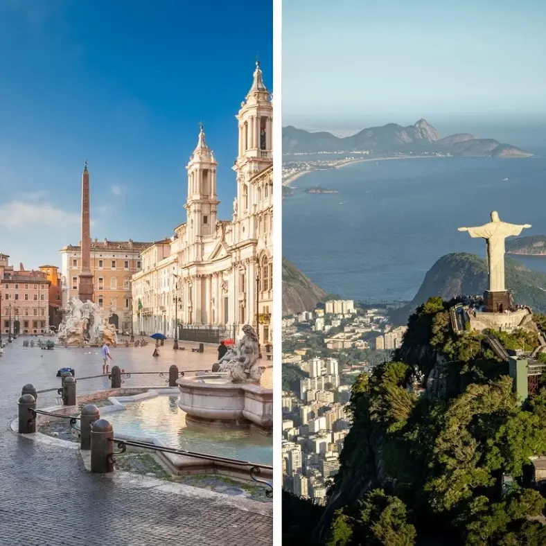 composição dividida: à esquerda praça com fonte, obelisco e prédios históricos; à direita vista aérea do Cristo Redentor sobre morro com a cidade e a orla ao fundo