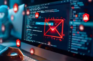 Mãos digitando em teclado diante de monitor com linhas de código, ícone de envelope vermelho e ícones de cadeado