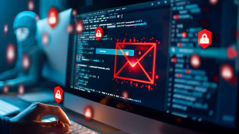 Mãos digitando em teclado diante de monitor com linhas de código, ícone de envelope vermelho e ícones de cadeado