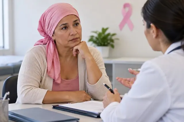 Mulher adulta com lenço rosa na cabeça sentada à mesa de consultório conversando com profissional de saúde; laço rosa afixado na parede ao fundo