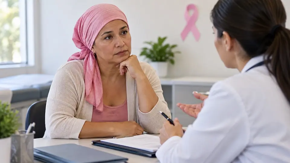 Mulher adulta com lenço rosa na cabeça sentada à mesa de consultório conversando com profissional de saúde; laço rosa afixado na parede ao fundo