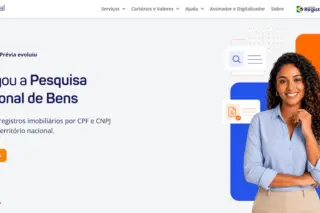 Tela do site RI Digital com a chamada 'Chegou a Pesquisa Nacional de Bens', botão 'Saiba Mais' e mulher sorridente à direita