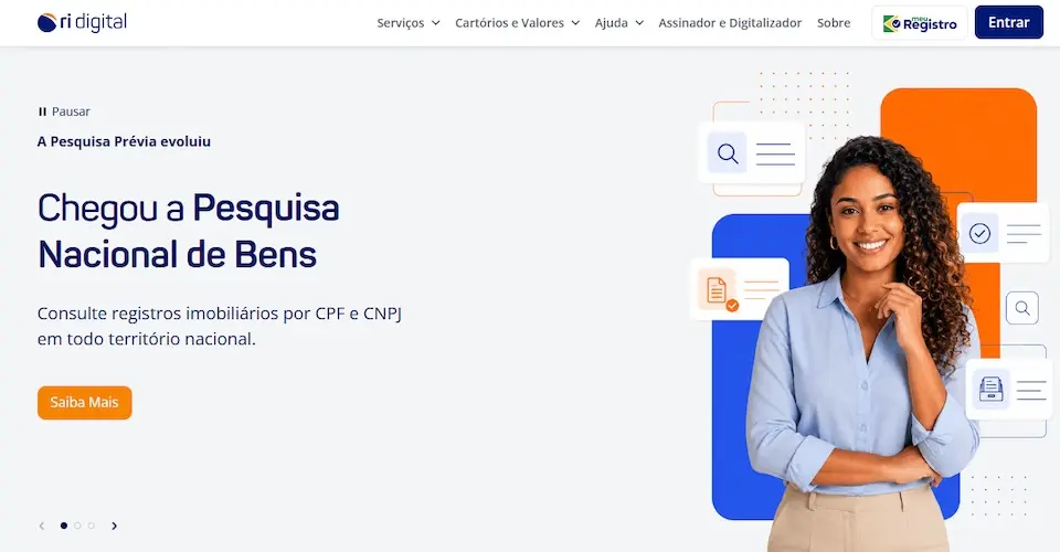 Tela do site RI Digital com a chamada 'Chegou a Pesquisa Nacional de Bens', botão 'Saiba Mais' e mulher sorridente à direita