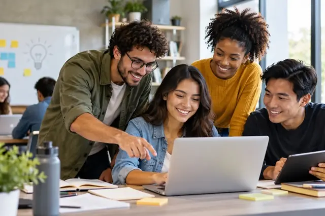 Quatro pessoas reunidas ao redor de um notebook em uma mesa, olhando para a tela e sorrindo