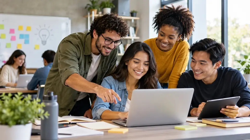 Quatro pessoas reunidas ao redor de um notebook em uma mesa, olhando para a tela e sorrindo