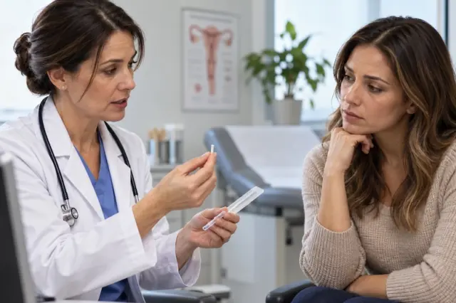 Profissional de saúde com jaleco mostrando um pequeno implante a uma paciente em consultório