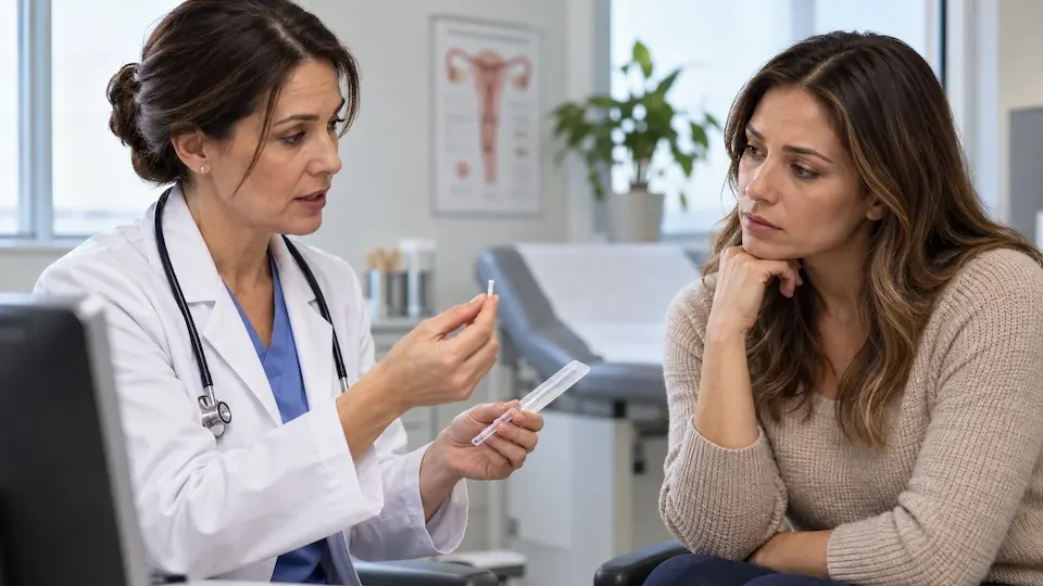 Profissional de saúde com jaleco mostrando um pequeno implante a uma paciente em consultório