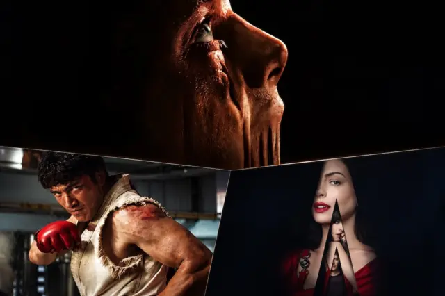Montagem ilustrativa dos filmes Cara-de-Barro, Street Fighter e Verity, em cartaz no Cine Energia Guaíra.