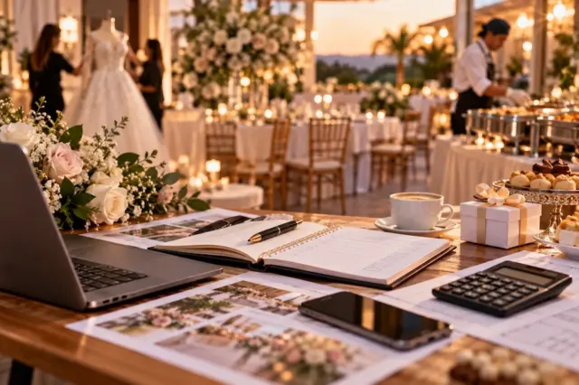 Planejamento de evento com orçamento, lista de tarefas e decoração de festa, enquanto profissionais preparam a recepção.
