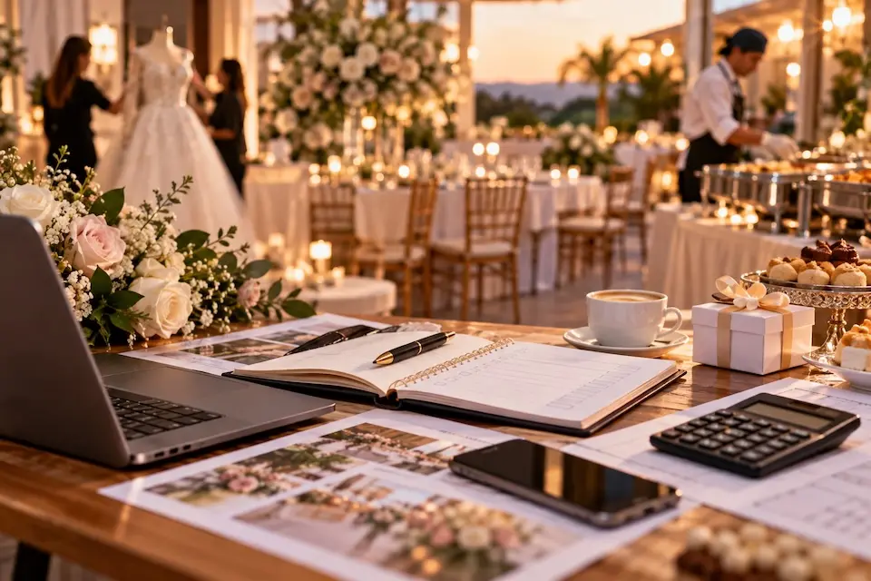 Planejamento de evento com orçamento, lista de tarefas e decoração de festa, enquanto profissionais preparam a recepção.