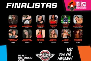 Cartaz preto com o título FINALISTAS, 12 fotos pequenas em grade com nomes e cidades abaixo, logotipo rosa do Concurso Musa Insane Sound e data 09 a 11 outubro 2026