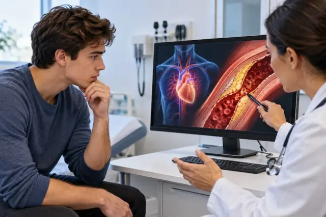 Médica aponta para monitor com ilustração de coração e artéria com placa, paciente jovem observando