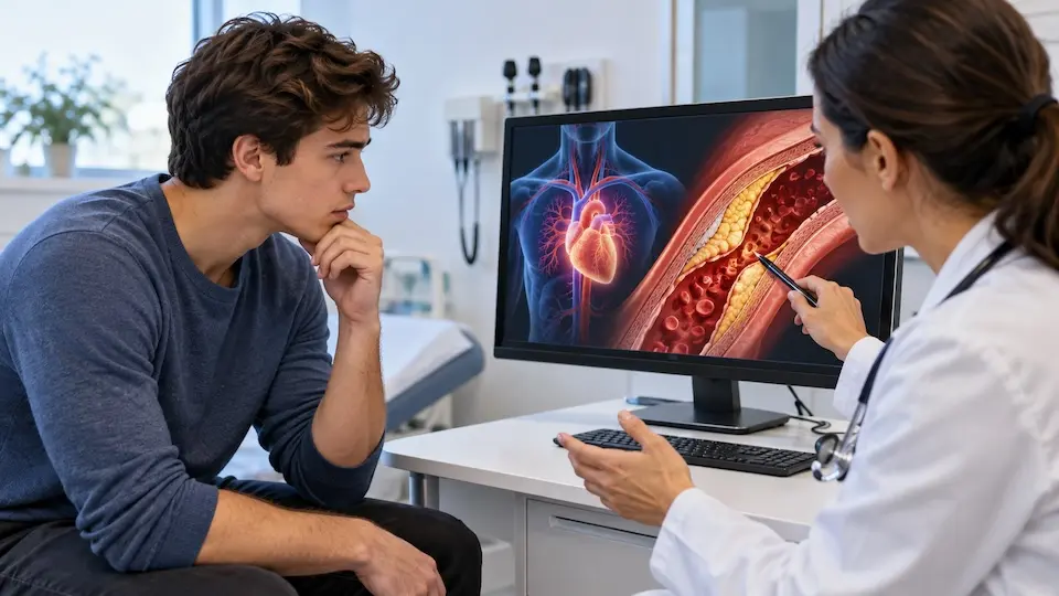 Médica aponta para monitor com ilustração de coração e artéria com placa, paciente jovem observando