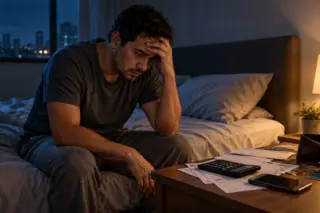 homem sentado na beira da cama com a mão na cabeça e contas, calculadora e carteira em uma mesa ao lado