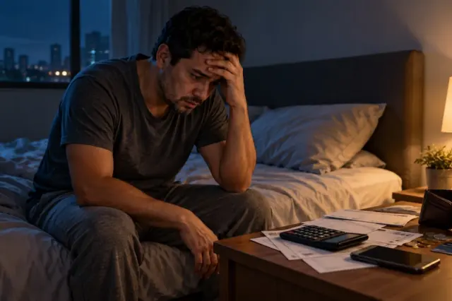 homem sentado na beira da cama com a mão na cabeça e contas, calculadora e carteira em uma mesa ao lado
