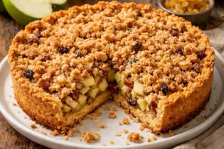 Torta crocante de maçã com cobertura de farelos e passas, fatia retirada mostrando recheio de cubinhos de maçã verde e uvas passas, sobre prato branco