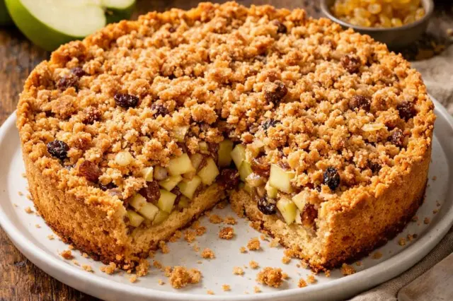 Torta crocante de maçã com cobertura de farelos e passas, fatia retirada mostrando recheio de cubinhos de maçã verde e uvas passas, sobre prato branco