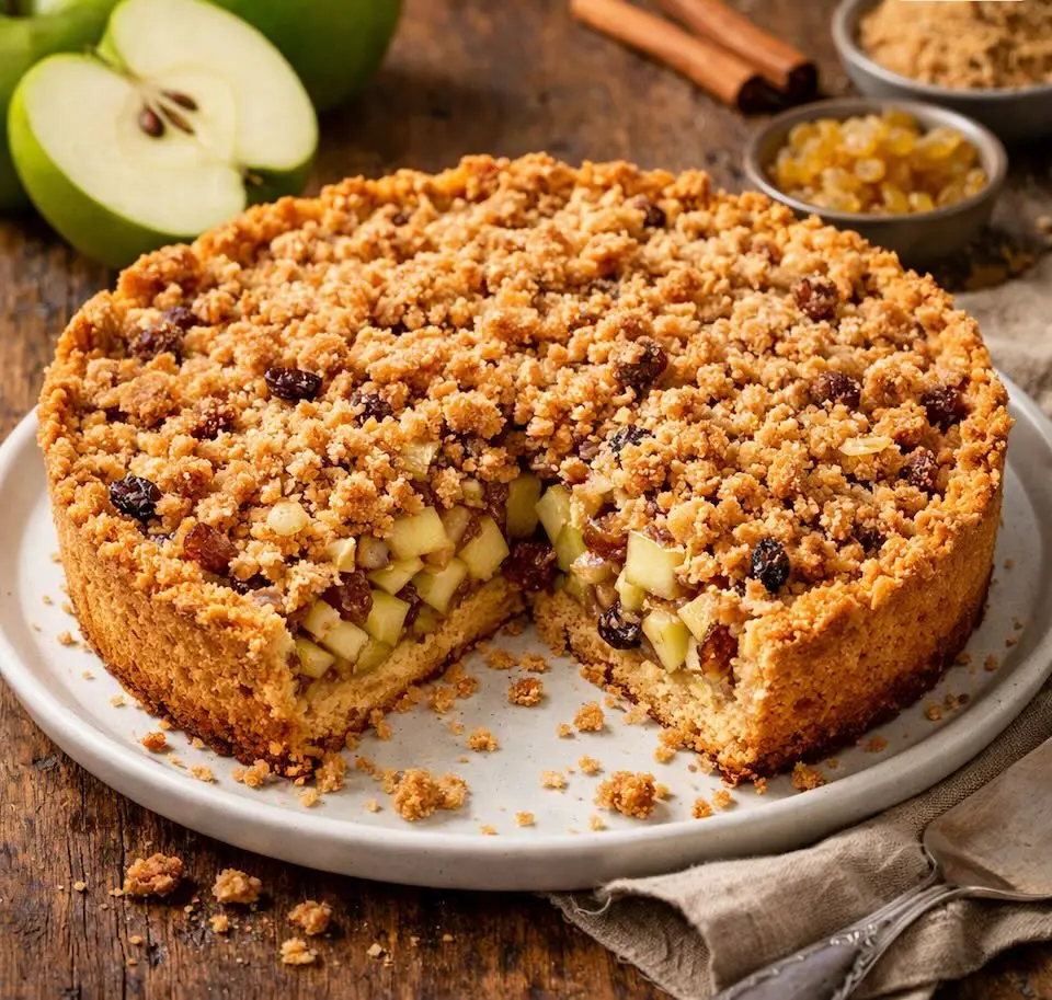 Torta crocante de maçã com cobertura de farelos e passas, fatia retirada mostrando recheio de cubinhos de maçã verde e uvas passas, sobre prato branco