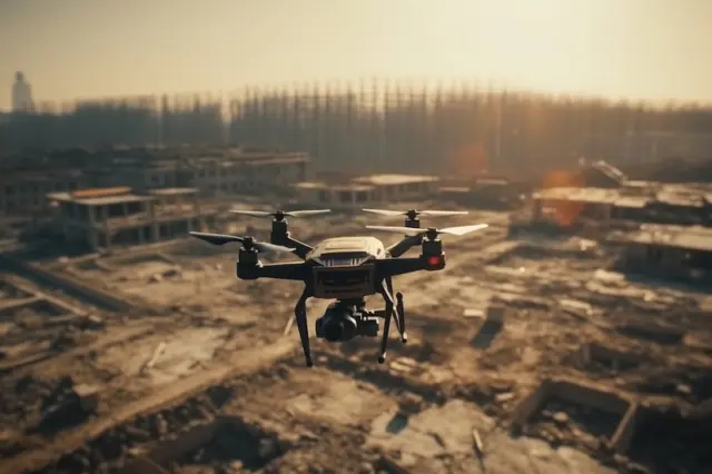 drone quadricóptero com câmera voando sobre terreno em construção e edifícios ao fundo ao entardecer