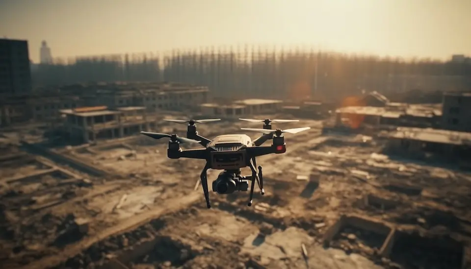 drone quadricóptero com câmera voando sobre terreno em construção e edifícios ao fundo ao entardecer