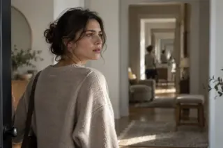mulher de perfil com suéter bege e bolsa, parada na entrada de uma casa, olhando para o interior; corredor longo com tapete, móveis e reflexos repetidos ao fundo
