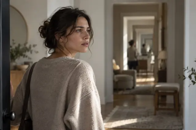 mulher de perfil com suéter bege e bolsa, parada na entrada de uma casa, olhando para o interior; corredor longo com tapete, móveis e reflexos repetidos ao fundo