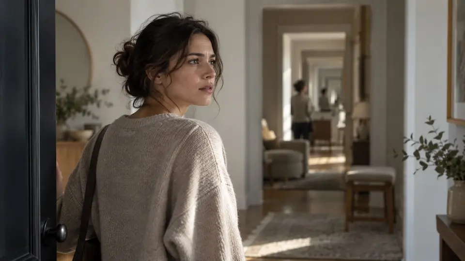 mulher de perfil com suéter bege e bolsa, parada na entrada de uma casa, olhando para o interior; corredor longo com tapete, móveis e reflexos repetidos ao fundo