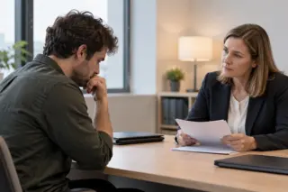Mulher em traje formal segura papéis à frente de um homem sentado à mesa em um escritório, ambos com expressão séria