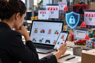 Pessoa usando notebook e smartphone com loja online de brinquedos na tela e ícones de segurança e alertas sobrepostos