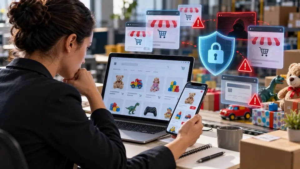 Pessoa usando notebook e smartphone com loja online de brinquedos na tela e ícones de segurança e alertas sobrepostos