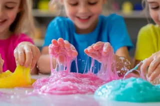 Crianças brincando com slimes coloridos rosa, azul e amarelo sobre mesa
