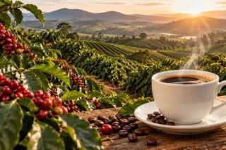 cafeeiro com frutos vermelhos à esquerda, xícara de café fumegante sobre tábua com grãos e lavoura de colinas ao fundo ao amanhecer