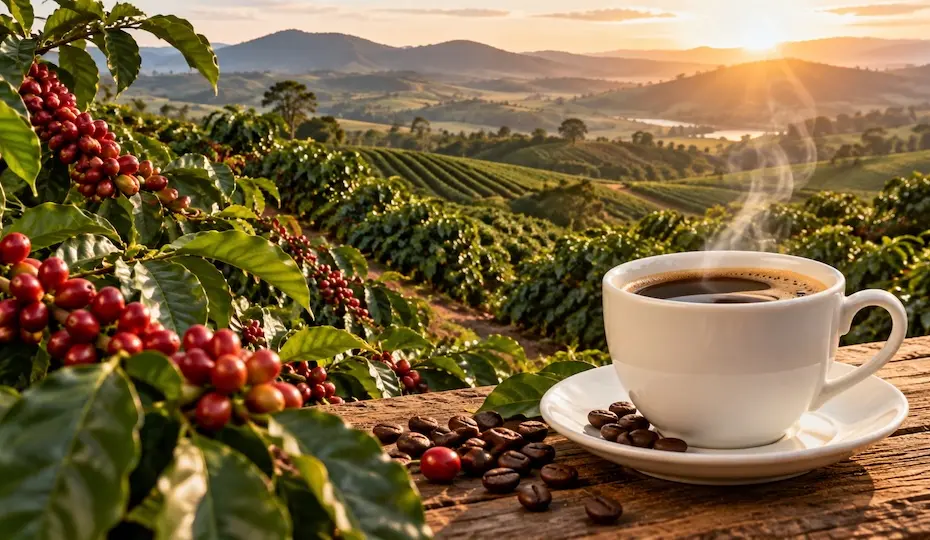 cafeeiro com frutos vermelhos à esquerda, xícara de café fumegante sobre tábua com grãos e lavoura de colinas ao fundo ao amanhecer