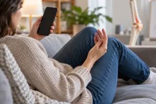 mulher sentada no sofá segurando um smartphone com a mão direita e com a mão esquerda erguida à frente do corpo