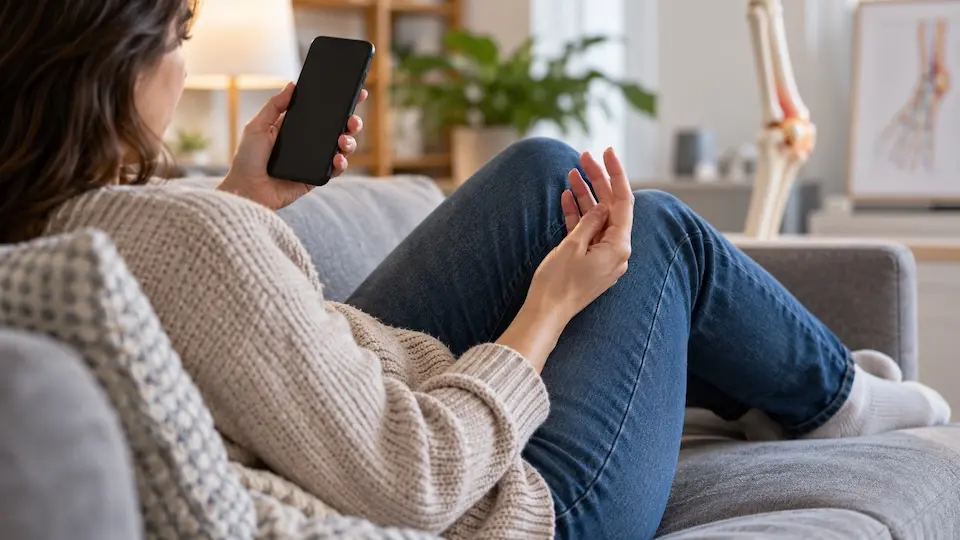 mulher sentada no sofá segurando um smartphone com a mão direita e com a mão esquerda erguida à frente do corpo