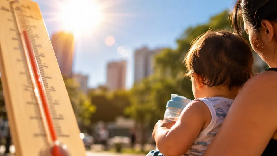 Termômetro com coluna vermelha em primeiro plano, sol forte ao fundo; adulto de costas segurando bebê com mamadeira e prédios desfocados ao fundo