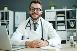 médico sorridente de jaleco com estetoscópio sentado à mesa com laptop e prateleiras ao fundo