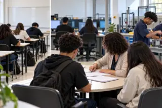 estudantes em sala de aula e bancada de laboratório técnico; alguns escrevem em cadernos e outros manuseiam equipamentos