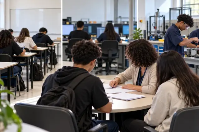 estudantes em sala de aula e bancada de laboratório técnico; alguns escrevem em cadernos e outros manuseiam equipamentos