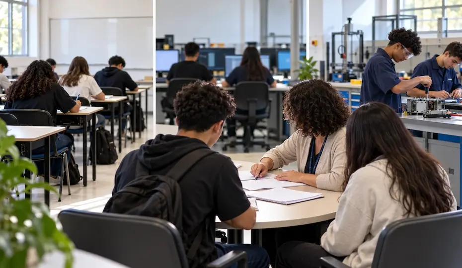 estudantes em sala de aula e bancada de laboratório técnico; alguns escrevem em cadernos e outros manuseiam equipamentos