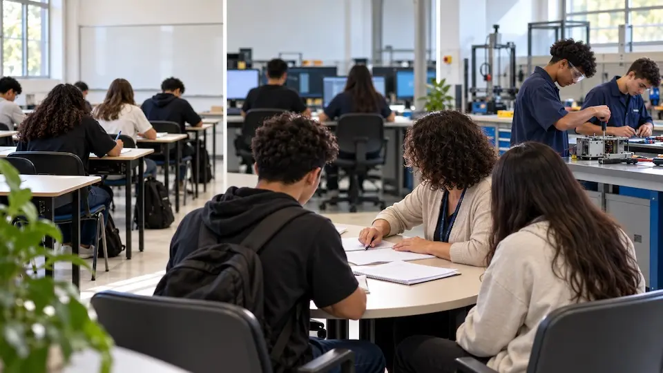 estudantes em sala de aula e bancada de laboratório técnico; alguns escrevem em cadernos e outros manuseiam equipamentos