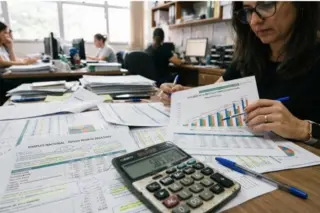 mulher segurando folha com gráfico enquanto analisa planilhas; calculadora e papéis sobre mesa, escritório ao fundo