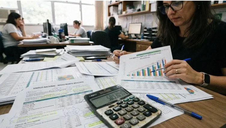 mulher segurando folha com gráfico enquanto analisa planilhas; calculadora e papéis sobre mesa, escritório ao fundo